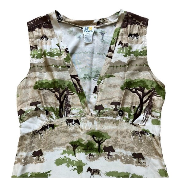 Safari Print Sleeveless Dress Empire Waist Vintage Y2K Line Two Women's Medium - Picture 4 of 7